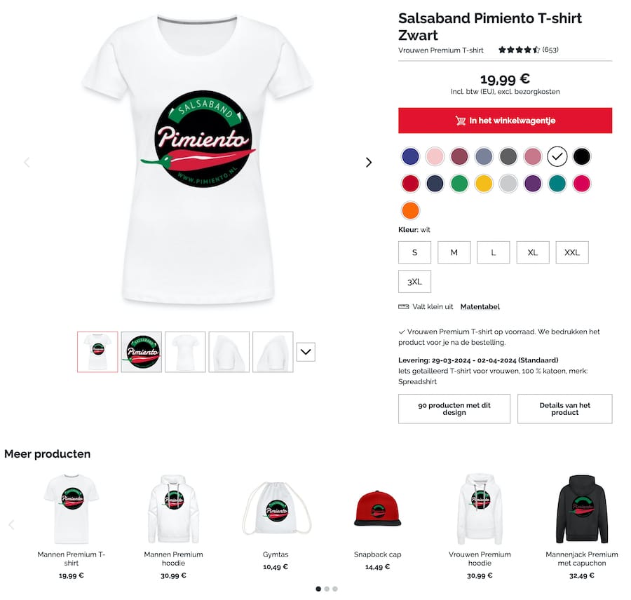 Screenshot van de Pimiento webshop 